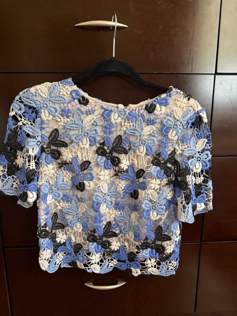 Lucy Paris Blue Black White Floral Crochet Lace Blouse
